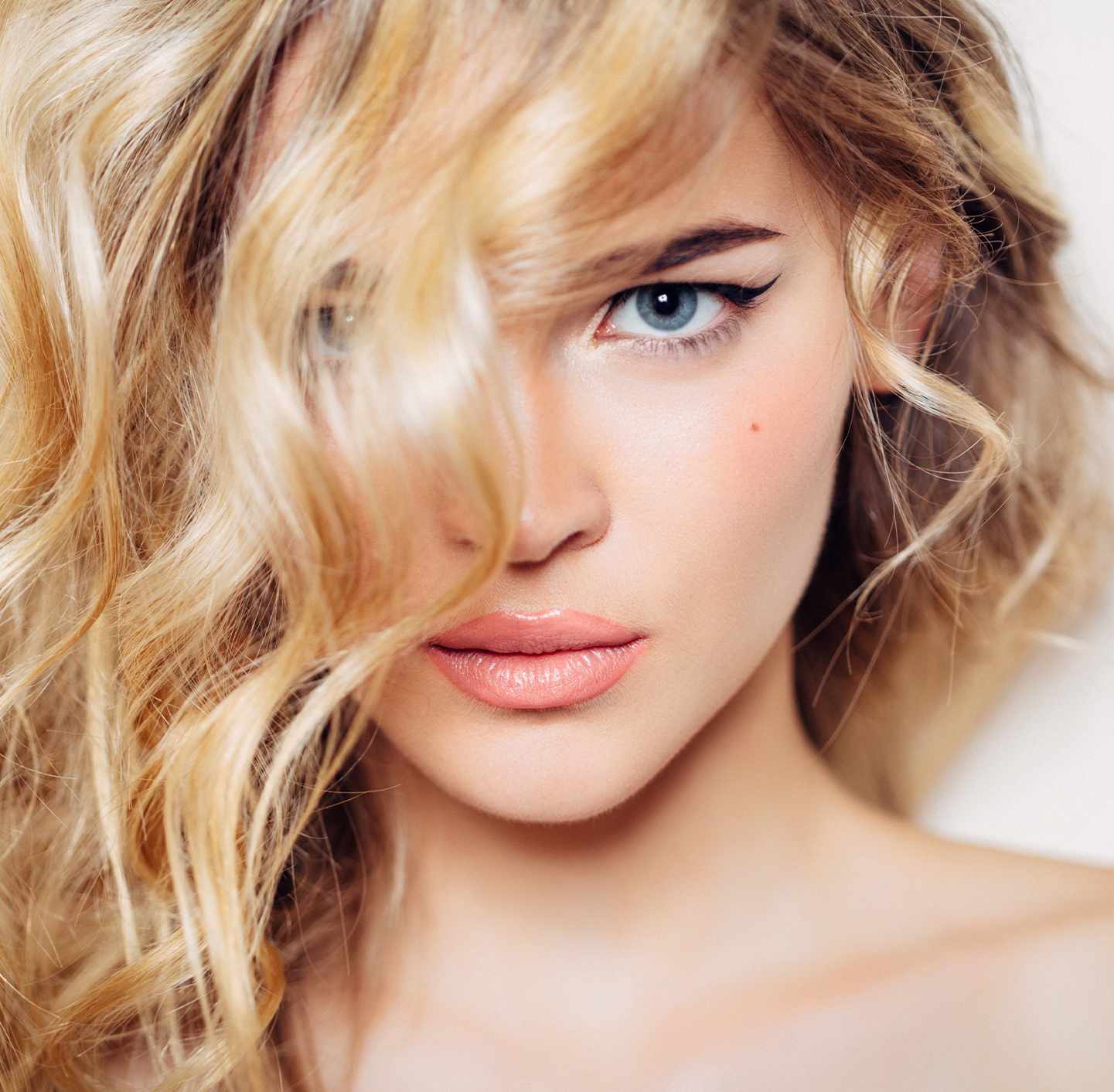 Blonde woman with blue eyes